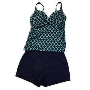 Lands‎ End Deep Sea Navy Aqua Geometric Wrap Tankini SWIM TOP & Bottoms NWOT